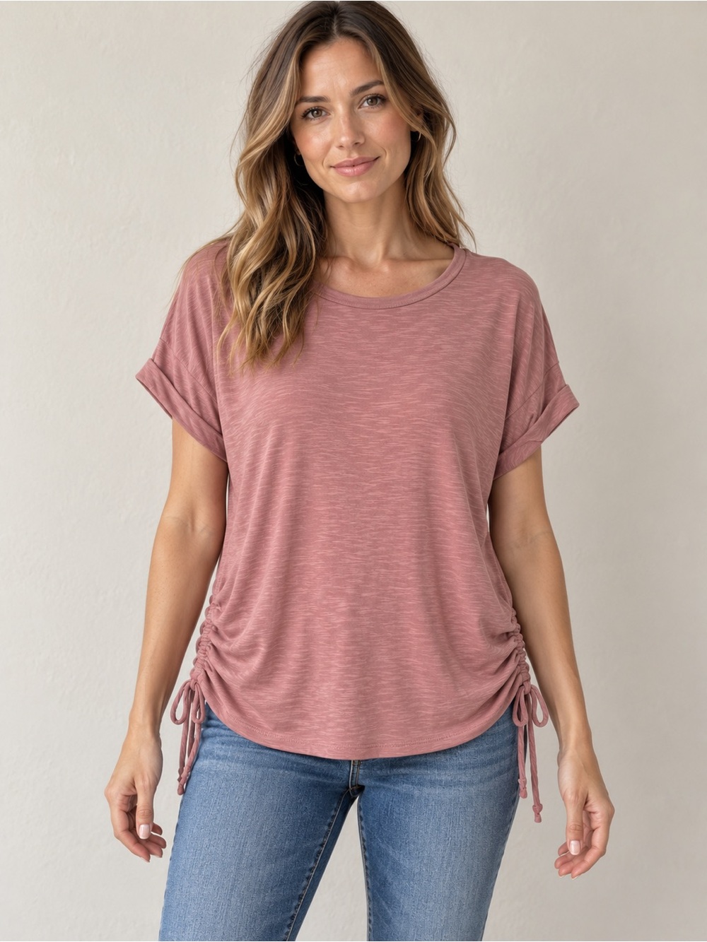 bobeau Dusty Rose Short Sleeve Ruched Side Tee